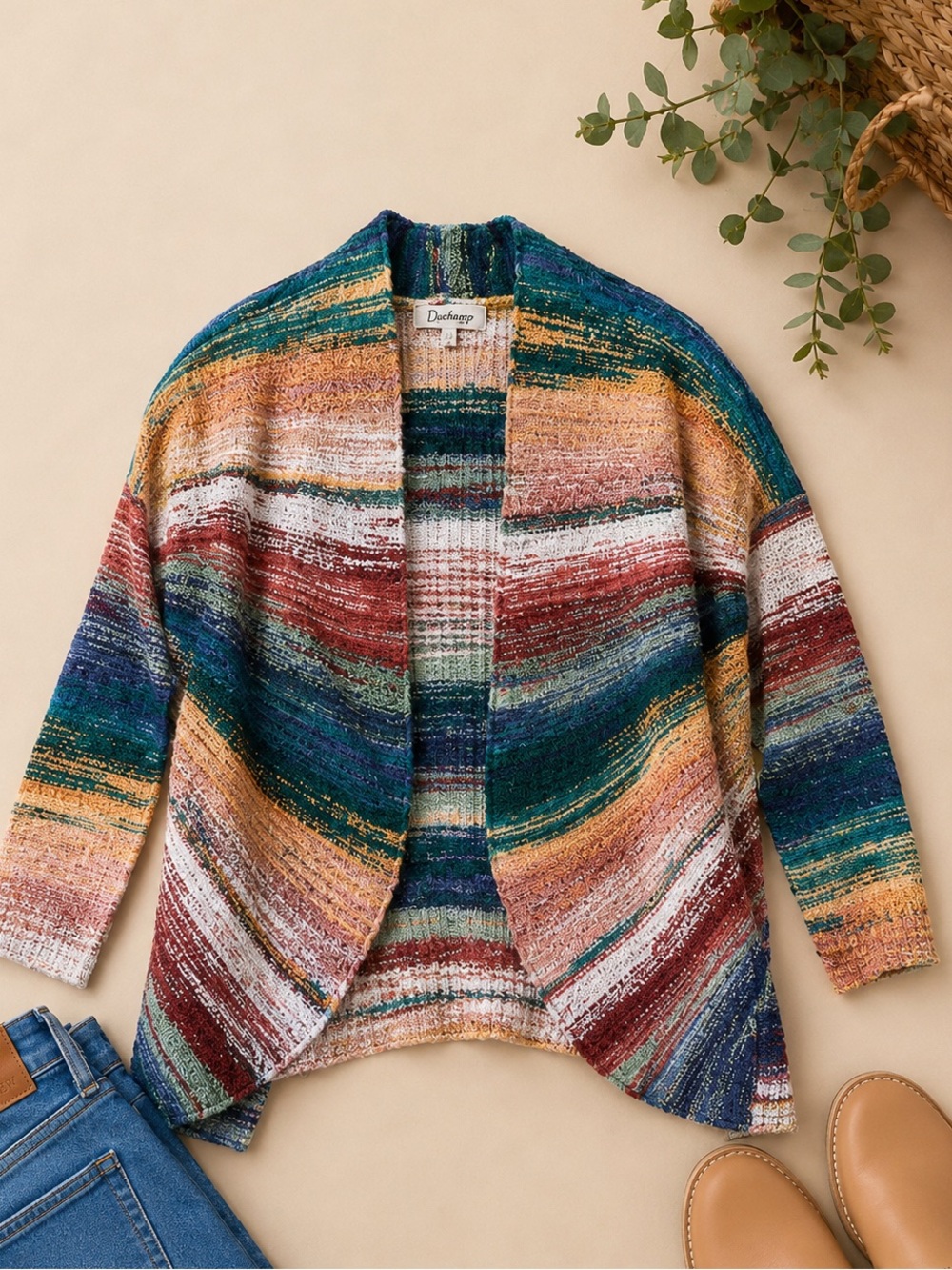 Duchamp Multicolor Striped Open-Front Cardigan — Green, Rust, Teal & Cream